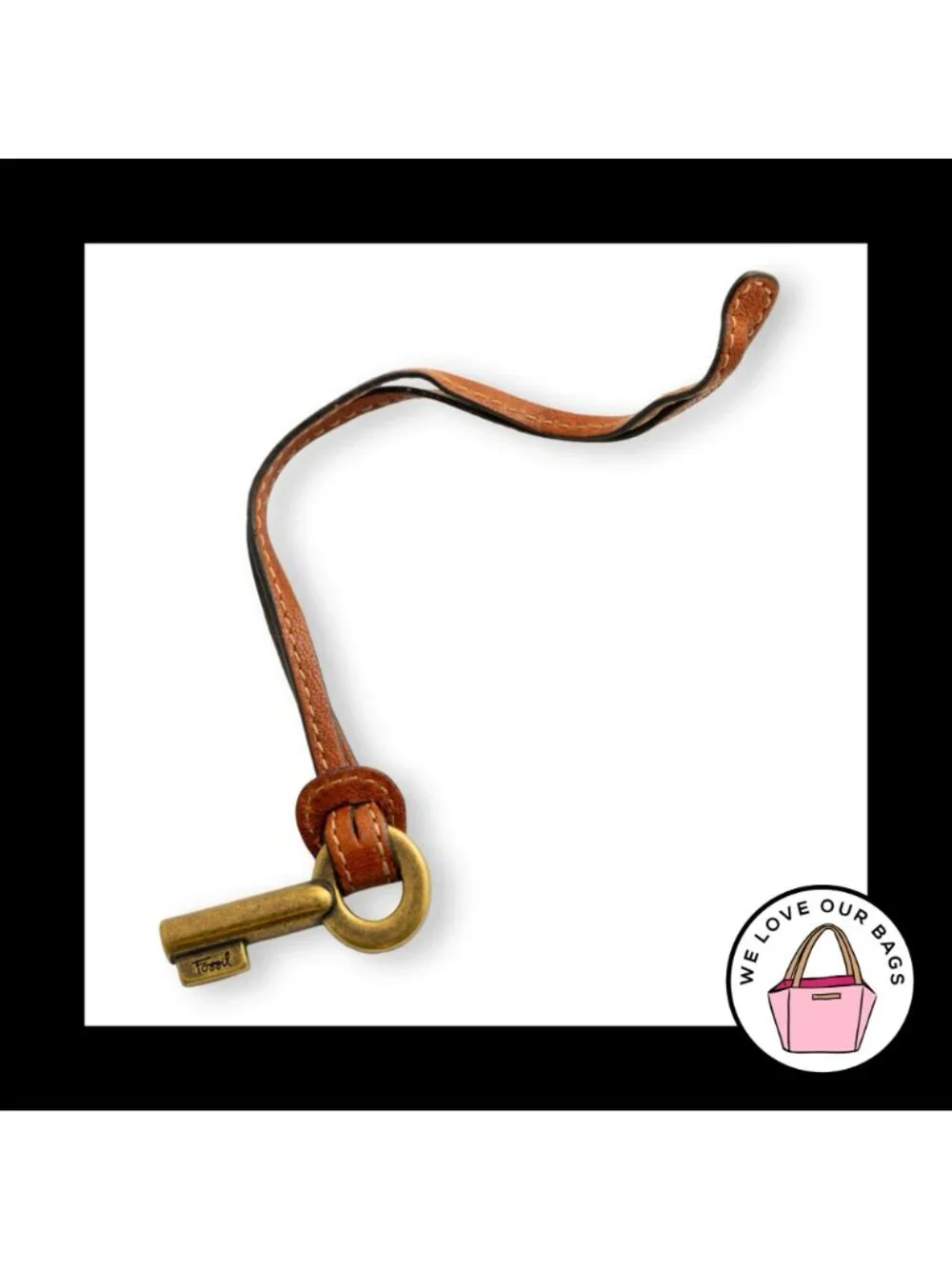 Y2K FOSSIL KEY Antique Gold Brass Brown Leather Strap Bag Charm Hang Tag Fob